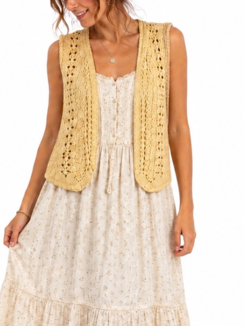 Vintage 90s Carroll Reed Crochet Silk Cotton Open Vest Lagenlook Boho Cottage M